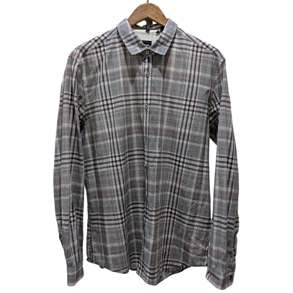 Hugo Boss Mens Lorenzo Regular Fit Plaid Button Down Shirt Grey Burgundy‎ XL